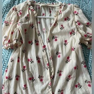 Sezane floral cotton blouse with ruffle neck and puff sleeves